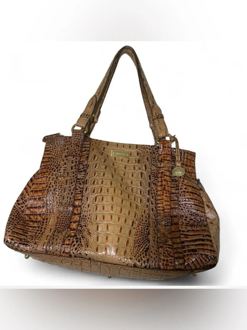 Brahmin Croc-Embossed Shoulder Bag in Brown and Tan